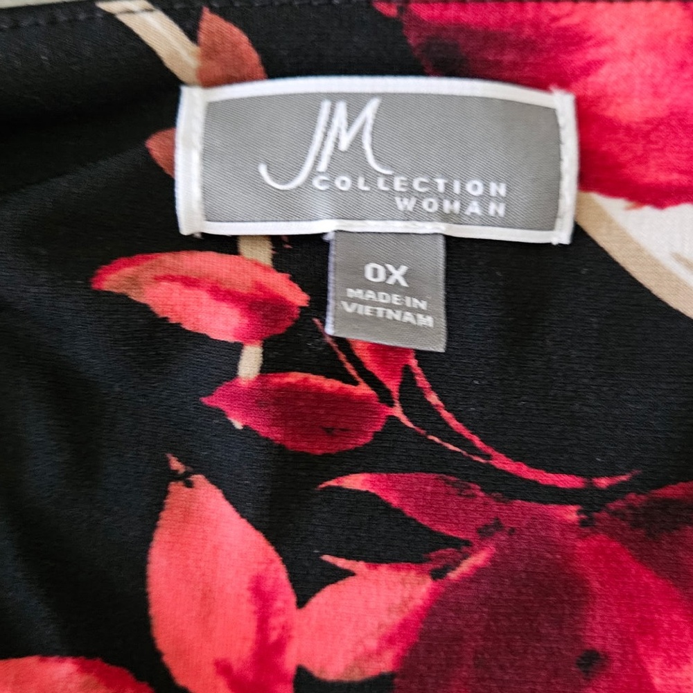 JM Collection 0X Embellished Floral Border Tunic Top Black Red Stretch 3/4 Slv - Picture 6 of 7